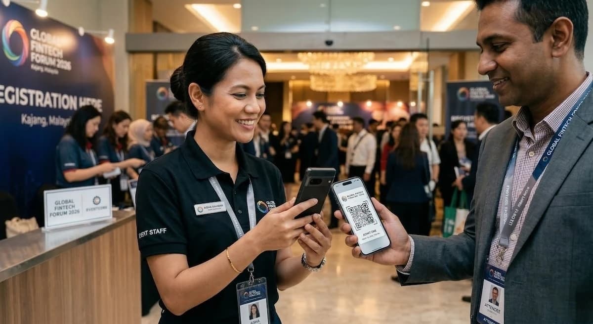 Event staff using SenangScan QR scanner app to check in attendees quickly in Malaysia