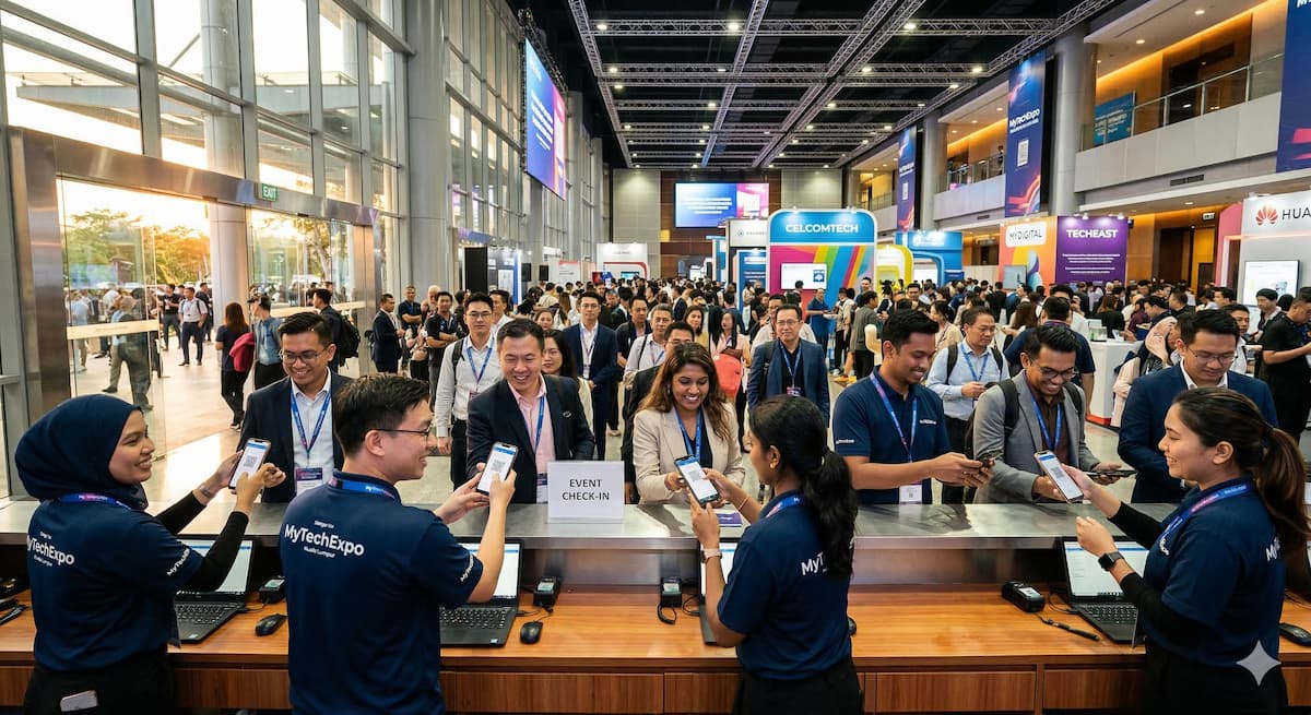 Multiple ushers scanning attendee phones at a large Malaysian tech conference