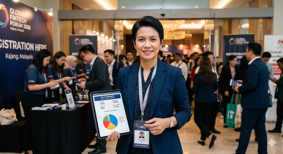 Event manager confidently tracking live attendance on a digital tablet at a busy registration desk