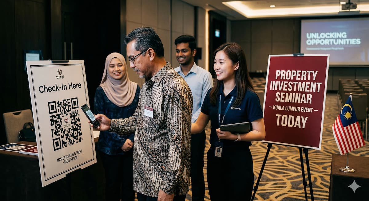 Diverse Malaysian attendees checking into a hotel ballroom event