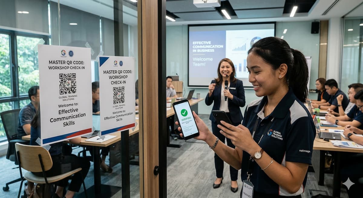 Malaysian corporate trainer and trainee using QR code attendance system